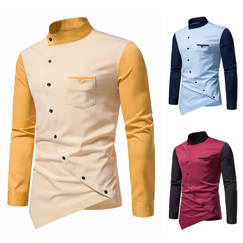 Spring Mens Contrast Patchwork Shirt Casual  Youth Premium Top Streetwear Men Pocket Long Sleeve Shirt