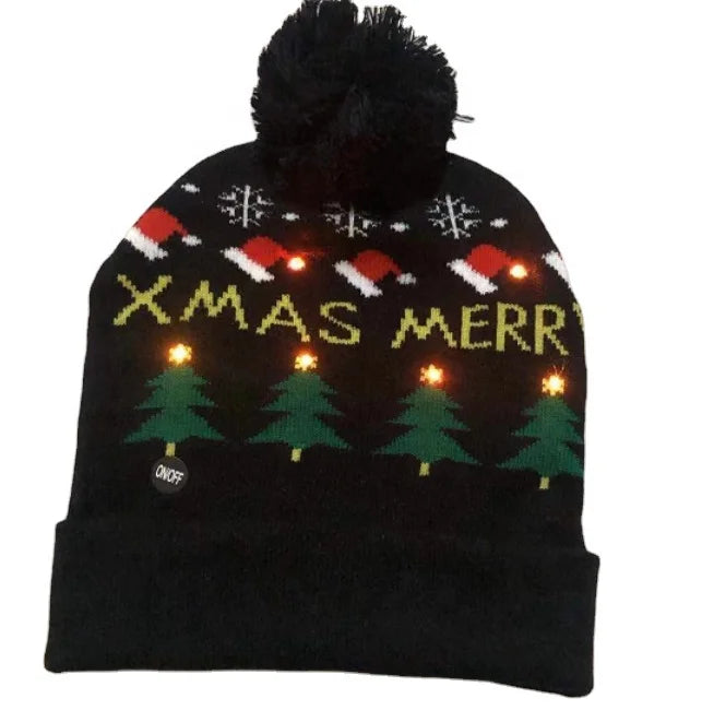2020 New Fashion Customised LED Knitted Beanie Crochet Light Colorful Christmas Hat Made of Woolen Wool for Christmas Party
