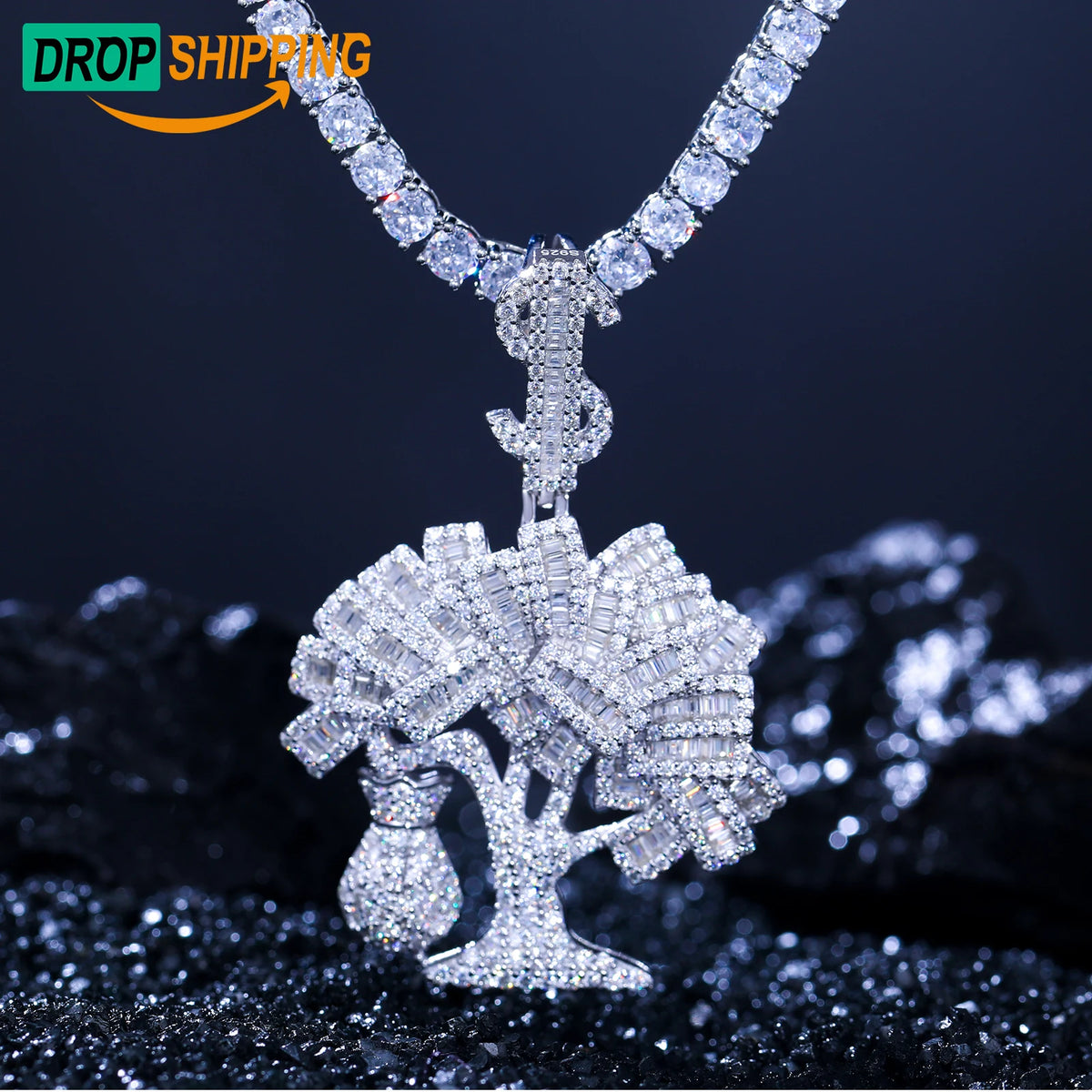 Dropshipping Hip Hop Mens 925 Sterling Silver VVS Baguette Moissanite Diamond Iced Out Dollar Tree Pendant With Money Bag Charm MegaBDM