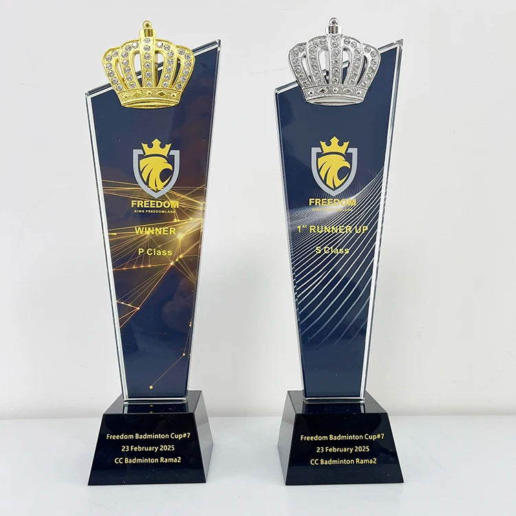Gold Silver Bronze Crown Full Color Printing Optical Crystal Glass Trophy MH-J0534