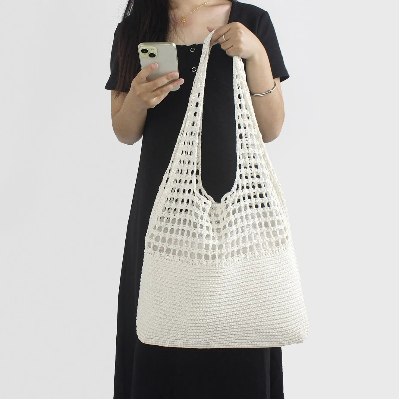 2025 Spring Summer Luxury One-Shoulder Crochet Knitted Tote Bags for Women Bohemian Dress Dual Open for Beach Outdoor Vintage