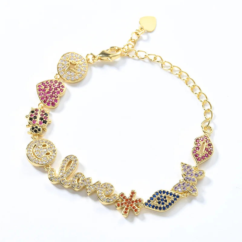 DUYIZHAO Multi-glamour Gold Zirconia Bracelet for Women Face Eyes Heart Animal Flower Jewelry