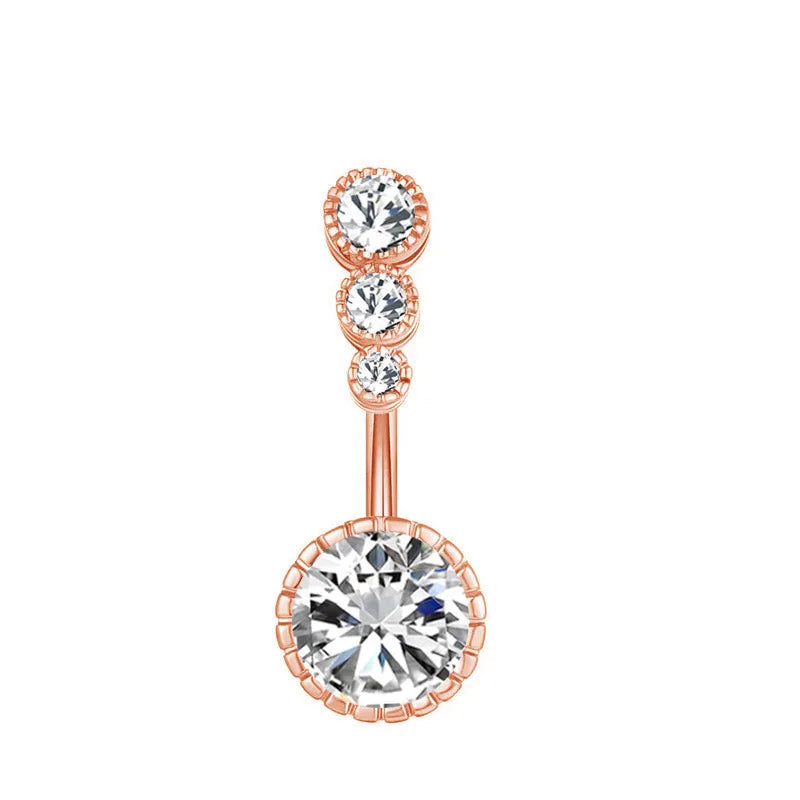 Triple CZ Belly Button Ring 14G Stainless Steel Curved Barbell Internally Threaded Rose Gold Plated Trendy Sparkling Navel
