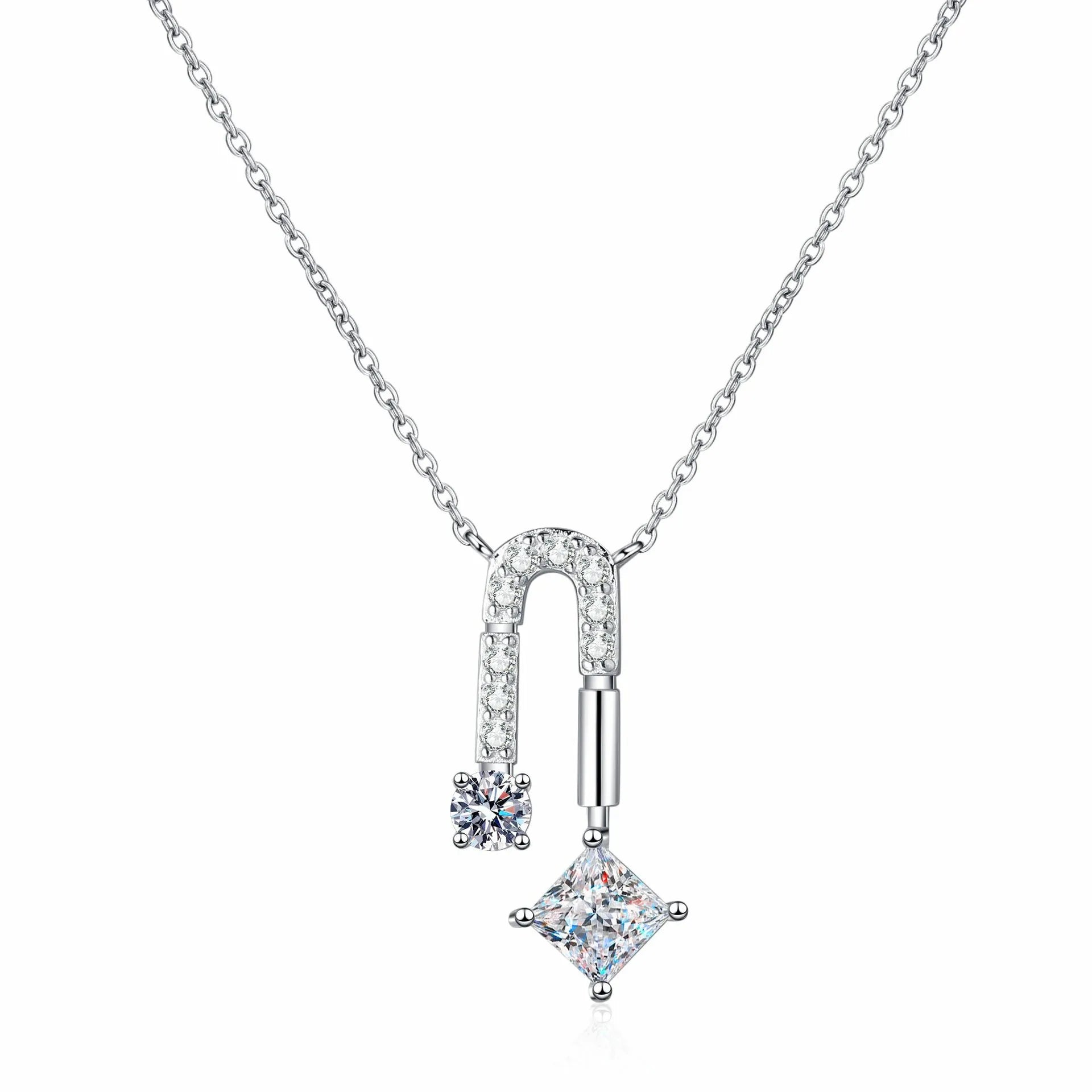 Moissanite Trendy Link Chain Collarbone Pendant Necklace R.GEM. Princess Cut 1.3ct GRA Certified Claw Setting Sterling Silver
