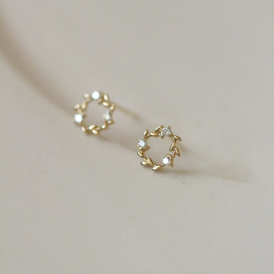 Korean Cute Fashion Pure 925 Sterling Silver Simple Olive Branches Zirconia Flower Stud Earrings for Women Girls Jewelry