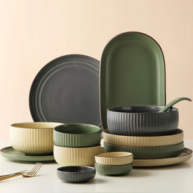 Europe Creative Ceramic Dishware Set Household Vertical Stripe Plate Combination with Chopstick Wholesale Dinnerware Sets