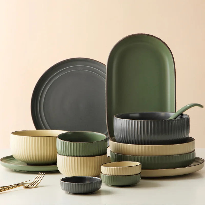 Europe Creative Ceramic Dishware Set Household Vertical Stripe Plate Combination with Chopstick Wholesale Dinnerware Sets