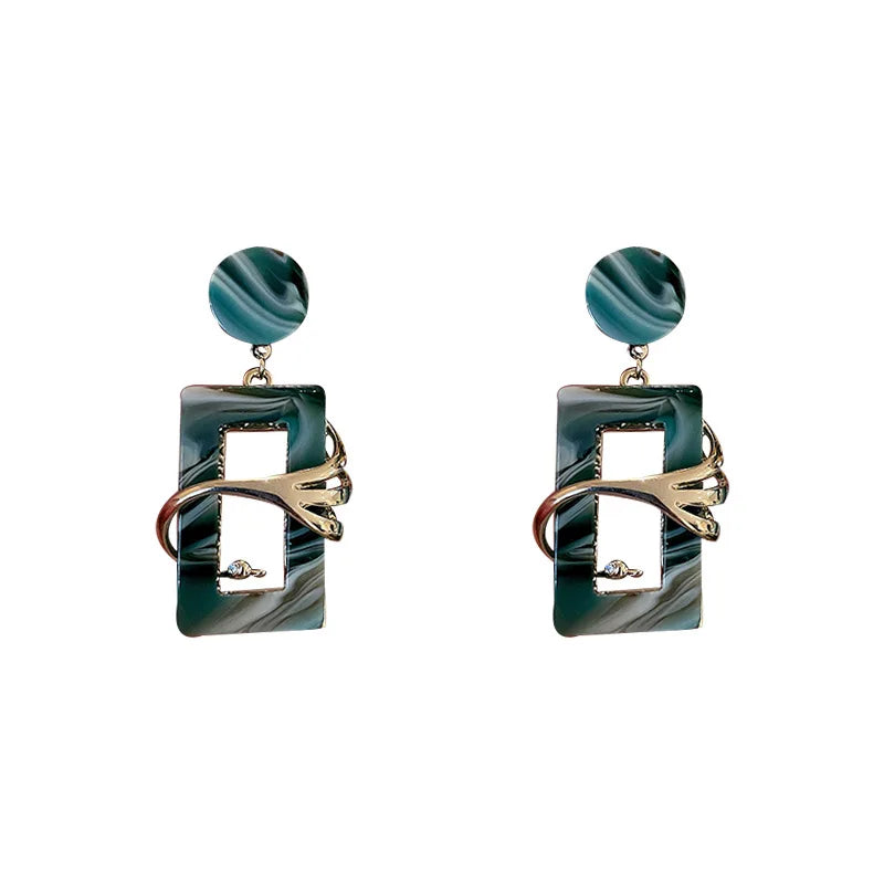 New tide Korean High-grade Earrings Female Personality Geometric square Green Everything Matching Earrings