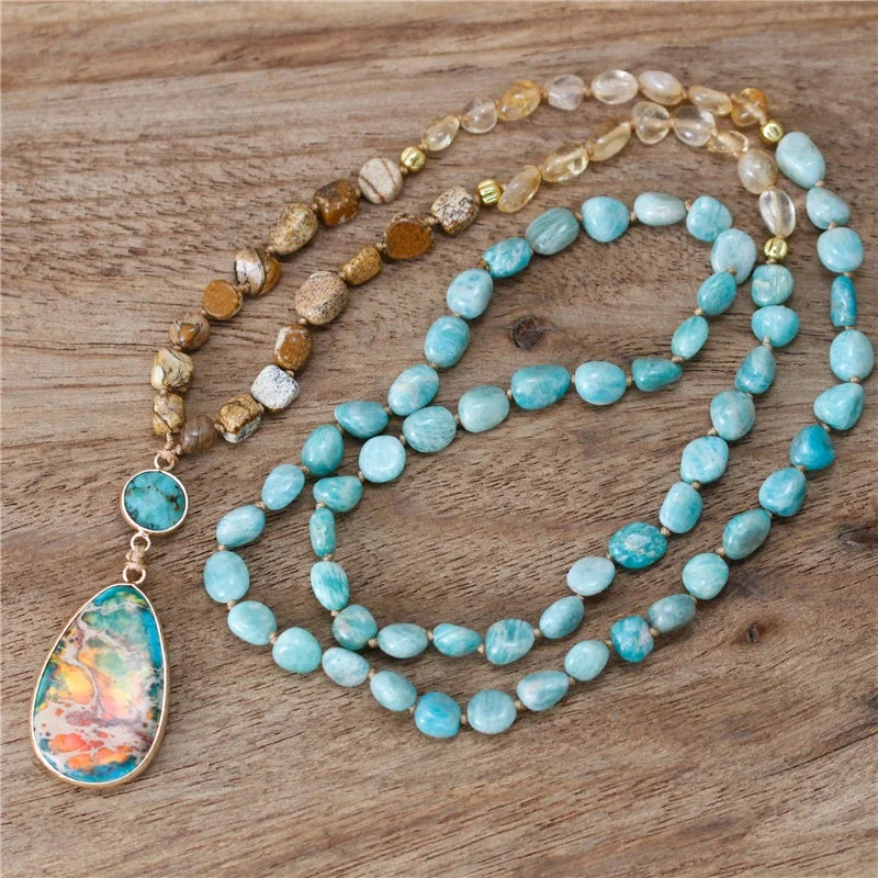 Handmade Chic Women Amazonite Citrine Jasper Beaded Teardrop Pendant Necklace Lariat Yoga Long Jewelry Gift for Her Wholesale