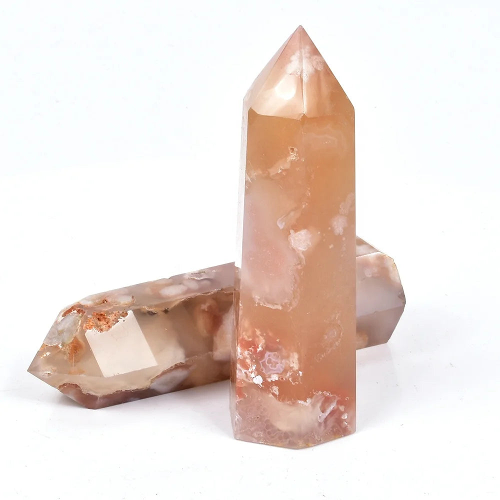 Wholesale Natural Quartz Crystal Cherry Blossom Sakura Agate Wand Point Pink Flower Agate Tower