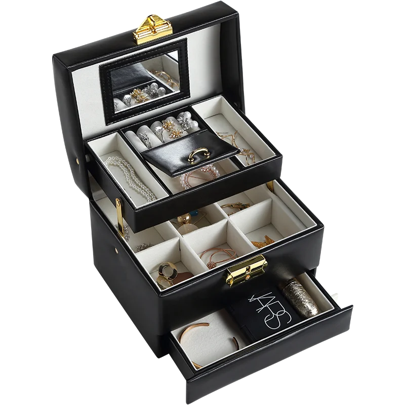 Custom Logo PU Leather Large Jewelry Box With Drawers Necklace Ring Earring Storage Jewellery Gift Case