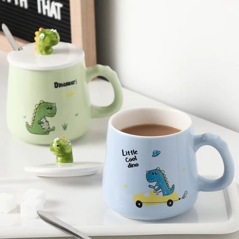 Madou Personalized Cartoon Dinosaur Ceramic Cup with Lid Spoon Student Water Cup Creative Couple Mugs Coffee Gift Cup