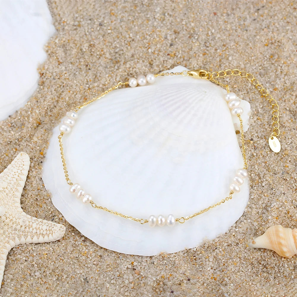 RINNTIN SA36 Silver Gold Natural Freshwater Pearls Chain Anklet Beach Adjustable Chain Anklet Foot Jewelry