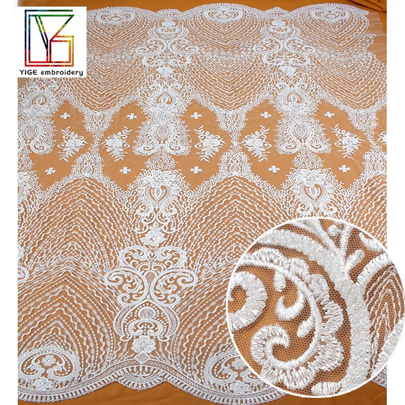 Classical Hot Sale White Embroidery Bridal Wedding Tulle Mesh Floral Pattern Beaded Crystal Sequined Lace Dress Fabric for