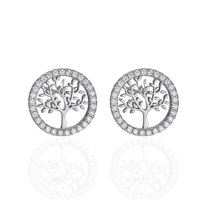 WMYC152 Round Disc Circle Family Wishing Tree of Life Stud Earrings for Women for Teen Girls CZ 925 Sterling Silver