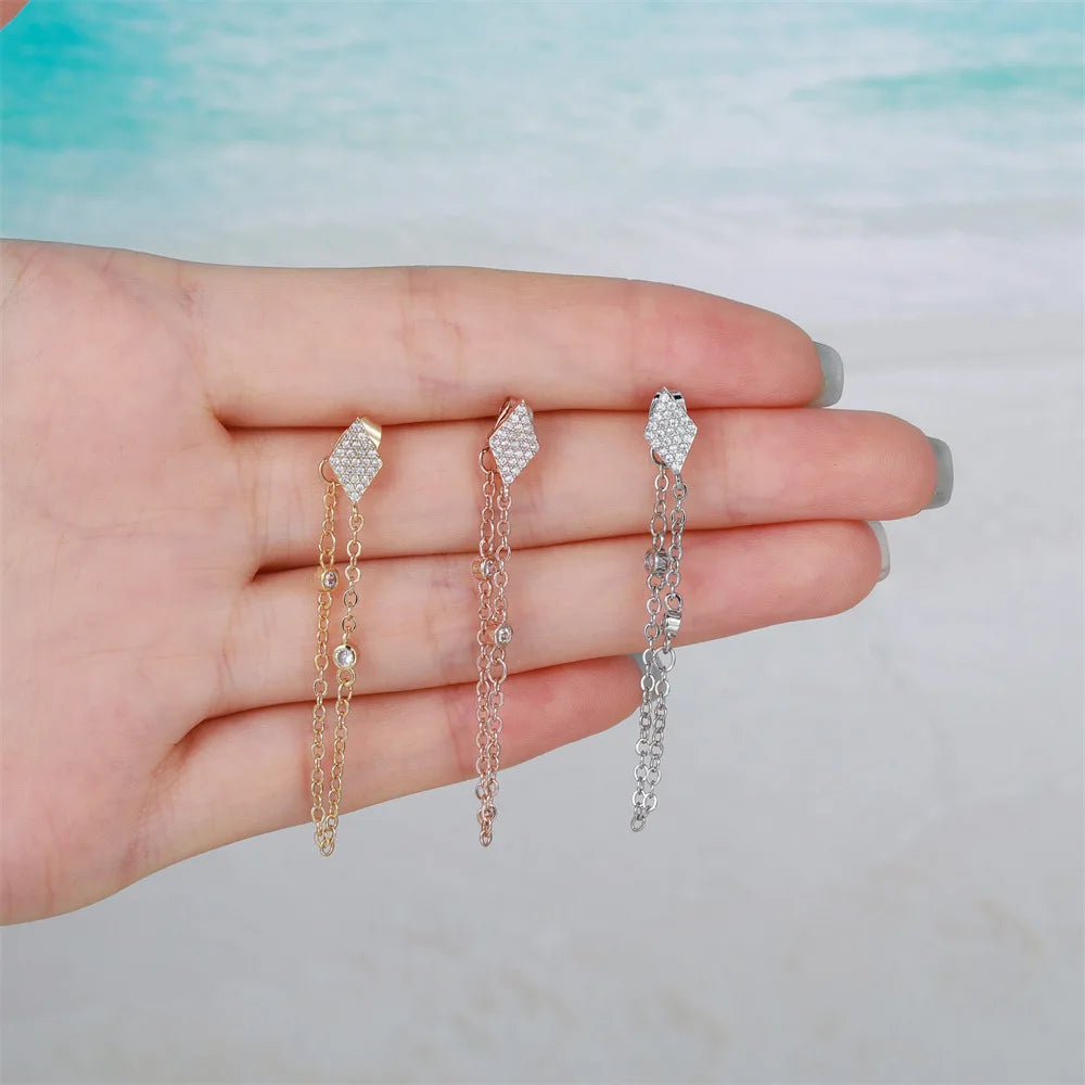 Euro-American Style Geometric Artistic Sense Diamond-Shaped Earrings Brass Chain Butterfly Ear Stud Female Fashion Earrings