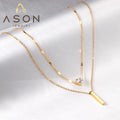 Ason New Fashion Stainless Steel Heart-shaped Zircon Jewelry Necklace Rectangular Pendant Double Layer Necklace