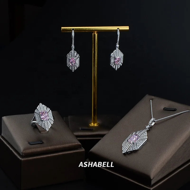 Luxury 925 Sterling Silver square Ice Flower Cut 5A Zircon Women Ring Rhombus Pendant Necklace Earrings Jewelry Set