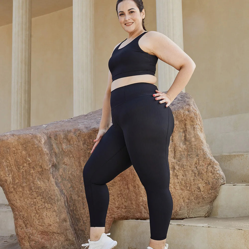 Optional Size Workout Wear Black Rib Yoga Wear Activewear Plus Size Fitness Set Plus Size Yoga Sportswear Suit for Women