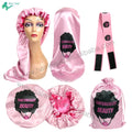 Custom logo Double Layer Regular Silky Satin Hair Bonnets Melt Wig Elastic Hair Band Satin Drawstring Bags Long Braid Bonnet