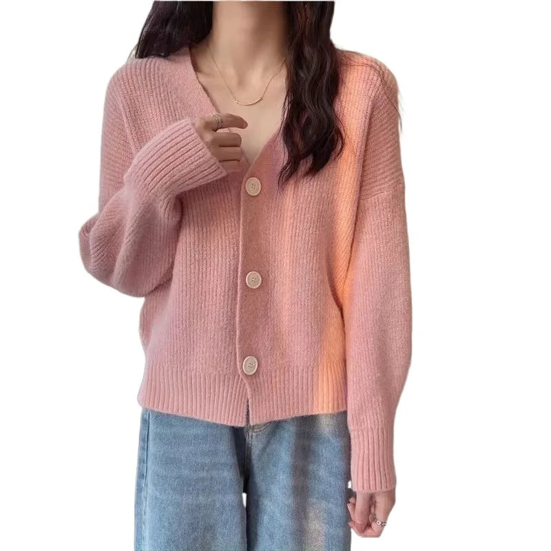 Good Selling Winter Lodies Cardigan  Autumn Winter Loose v Neck Single Button Cardigan Women Sweater