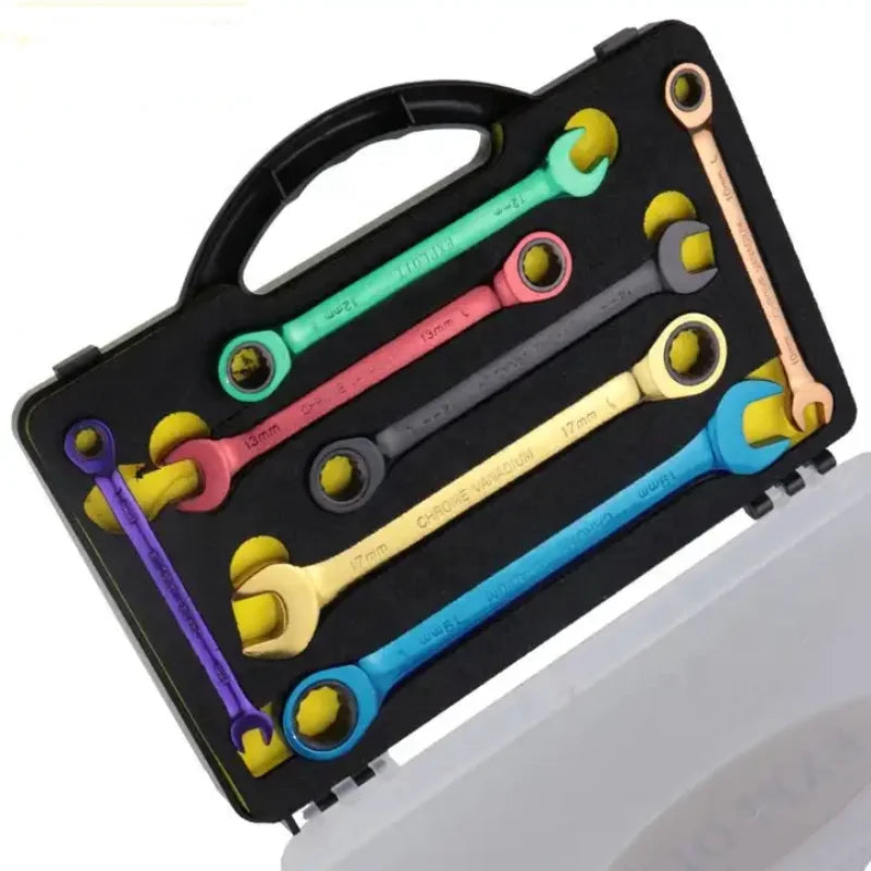 7pcs Heavy-Duty Portable Single Open End Wrench 72 Teeth Ratcheting Tools Set Colorful Car Repair Combination Metric Measurement