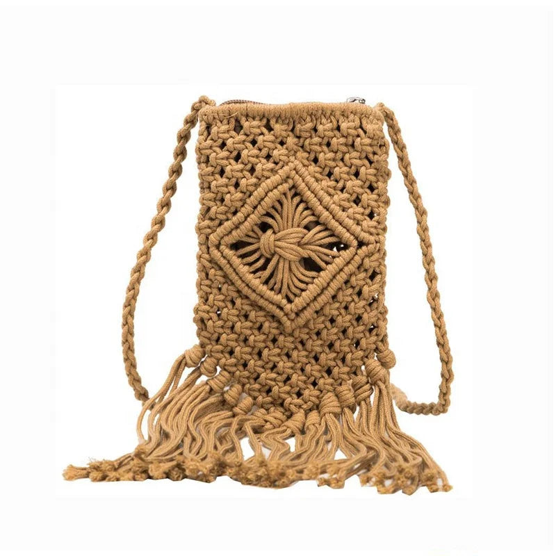Boho Cotton Small Crochet Smartphone Crossbody Mobile Holder Macrame Pouch Sling Bag Purse