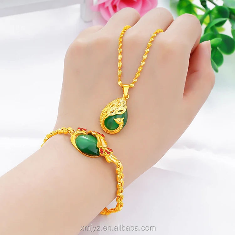 Dubai Gold Peacock Bracelet Gold Plated Necklace Gemstone Bracelet Pendant Item Set Live Ring Gold Jewelry