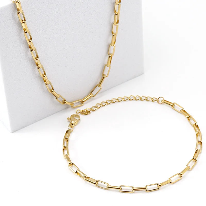 YWXS 3mm Women 18k Gold Plated Stainless Steel Round Flat Rectangle Chain Link Choker Paper Clip Paperclip Link Chain Necklaces