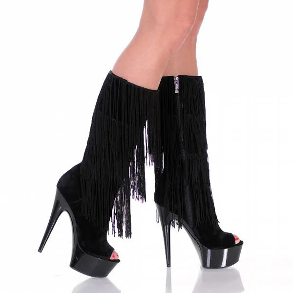 Black Stiletto Tassel 15Cm Platform Queen's Pole Dance High Heels Long Nightclub Women Boots Stripper Platform Fringe Exotic