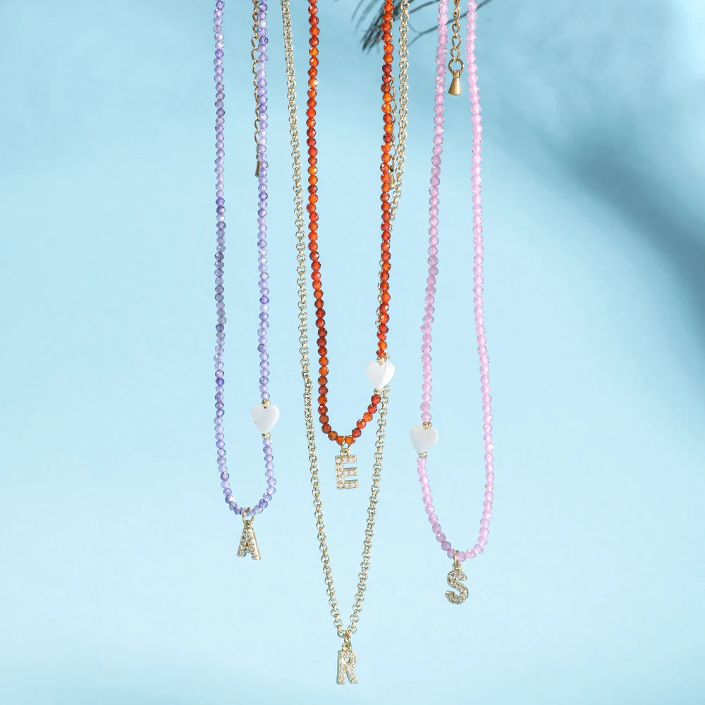 ZMZY Minimalism Boho Natural Stone Faceted Loose Spacer Beads Letter Pave CZ Charms Beaded Bracelet Men's Anniversary Necklace