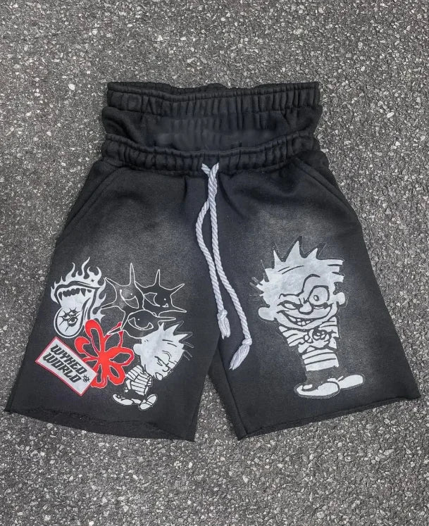 Custom Men's Streetwear Shorts Vintage Washed Thick Rope Embroidery Patches Double Waist Jorts Plus Size Baggy Sweatpants