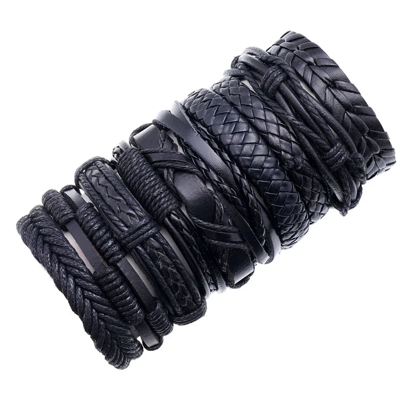 Men Boys Black Adjustable DIY Leather Bracelet Set Handmade Jewelry