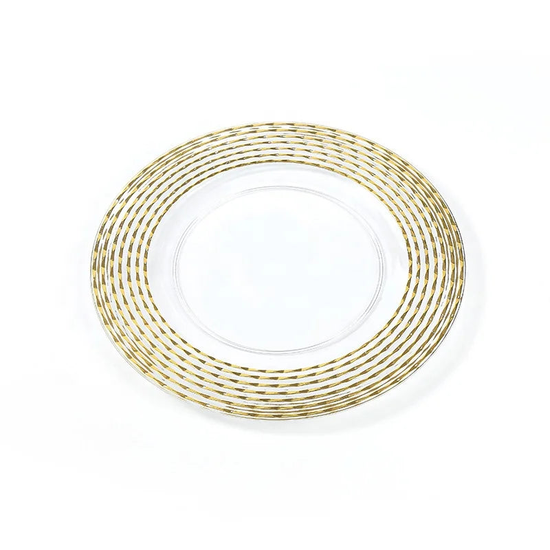 Eco-Friendly Plastic Charger Plate Gold Rim Stripe Design Round Clear Wedding Plates Microwave Not Safe