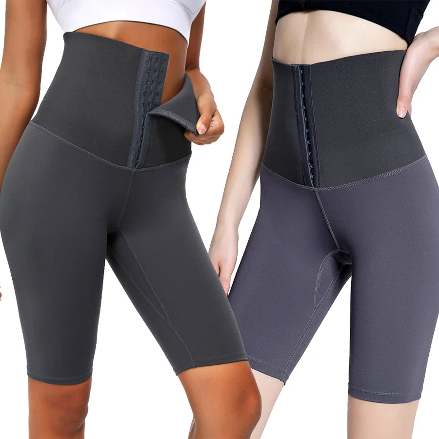 Custom Logo Printed Knee-Length Sports Pants Tummy Control Waist Trainer Shaper Solid Yoga Short Pant Middle Thigh Leggings