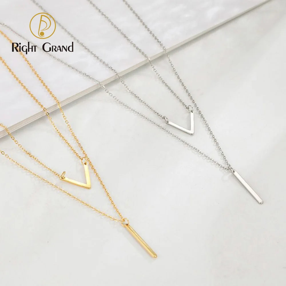 Fashionable Simple V-shaped Double-layer Clavicle Chain Tassel Style Stainless Steel Necklace Women's Jewelry