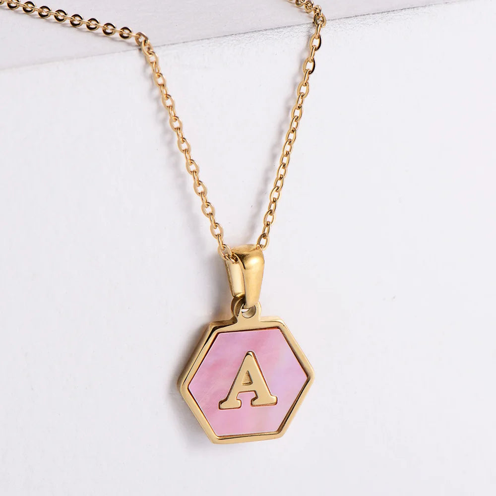 Stainless Steel Fashion Jewelry 26 A-Z Women Gifts Hexagon Charm Pendant Chocker Necklace English Letter
