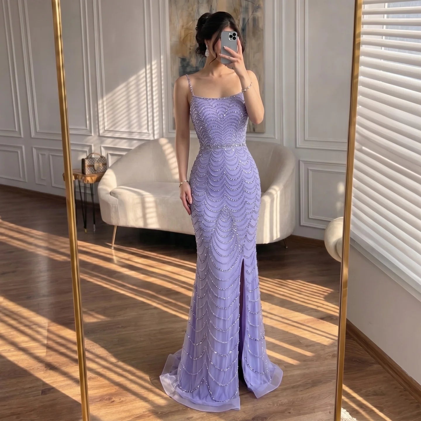 Serene Hill LA72109 Lilac Spaghetti Strap Mermaid Beaded Evening Gown with Side Slit Formal Party Dress for Women