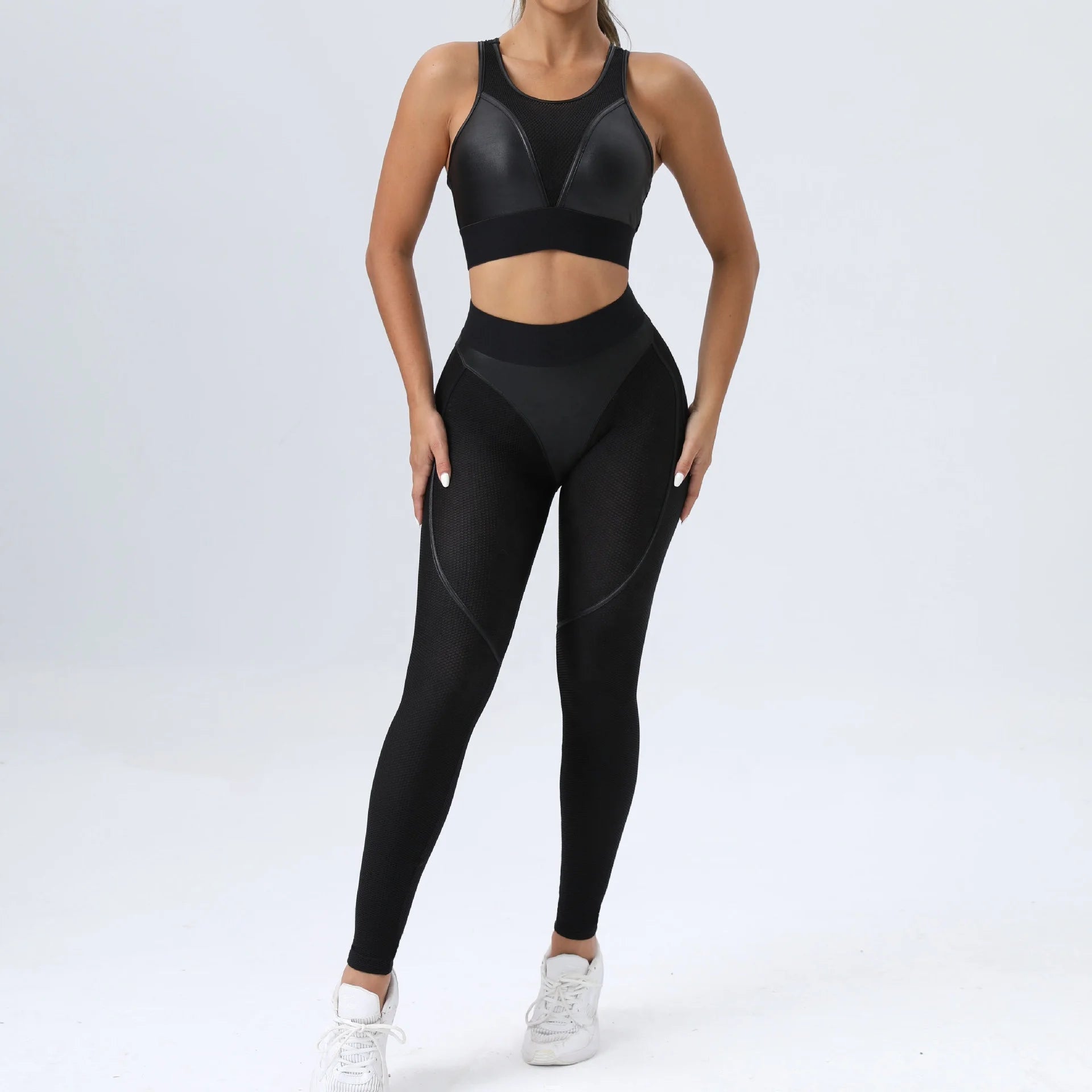 Europe and the United States New Tight Yoga Suit Patchwork Network Sexy Sports Bra Buttock Lift Pants Fitness Two Sets