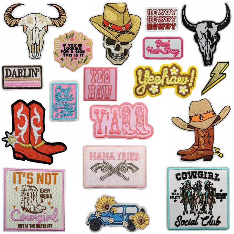 New Eco-Friendly PVC Fabric Embroidered Iron on Skull Patch with Fresh Color Howdy Cowboy Design for Clothing Hat Bag Decoration