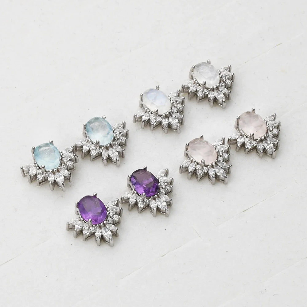 MS223 Princess Crown 925 Sterling Silver Natural Moonstone Earring Engagement Earrings