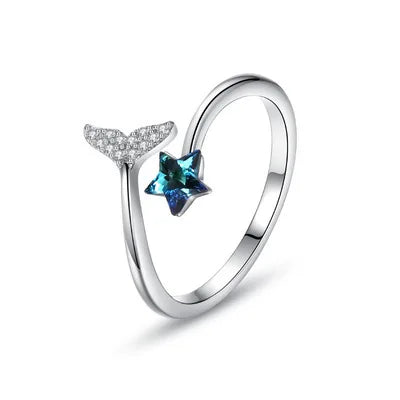 Silver Plated Austrian Crystal Star Mermaid Ring for Women Fish Tail Crystal Star Adjustable Opening Ring