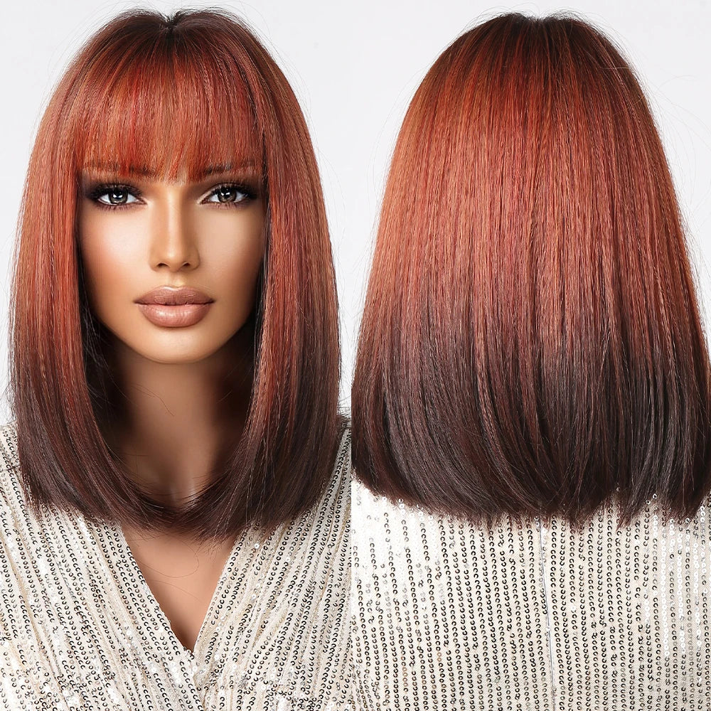 Factory Outlet Orange Ombre Brown Synthetic Wigs Short Straight Wigs with Bangs Bob Wig for Women