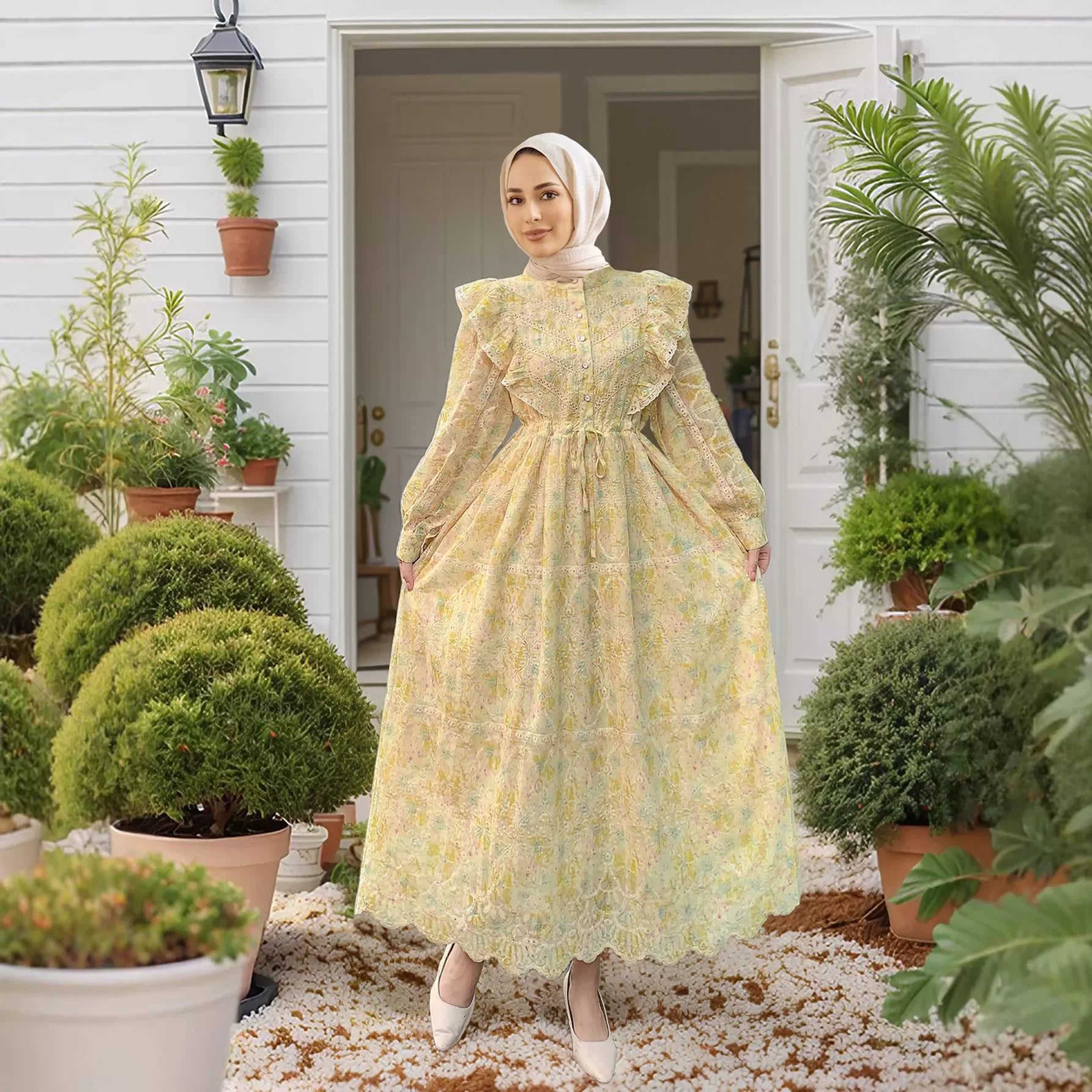 Breathable Ruffled Stitching Lace Islamic Clothing Floral Print Abaya for Eid Muslim Dress