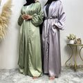 Spring Summer Design Smooth Thick Satin Solid Color Simplicity With Pockets Cardigan Muslim Islamic Women Clothing
