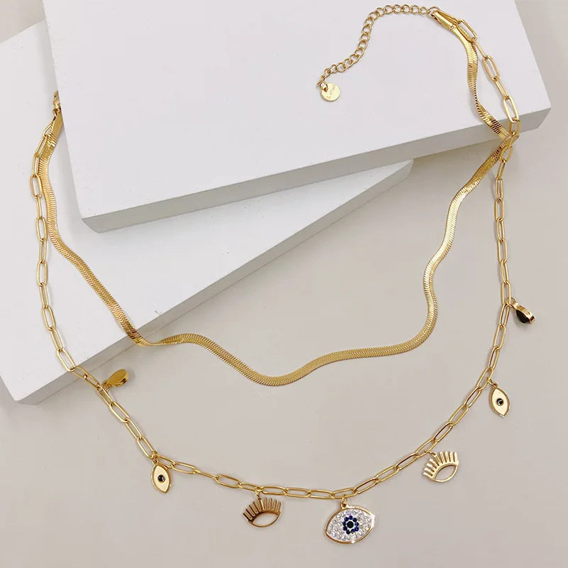 New Arrival Snake Bone Chain Demon Eye Charm Necklace Stainless Steel Double Layer Multi Evil Eyes Necklace