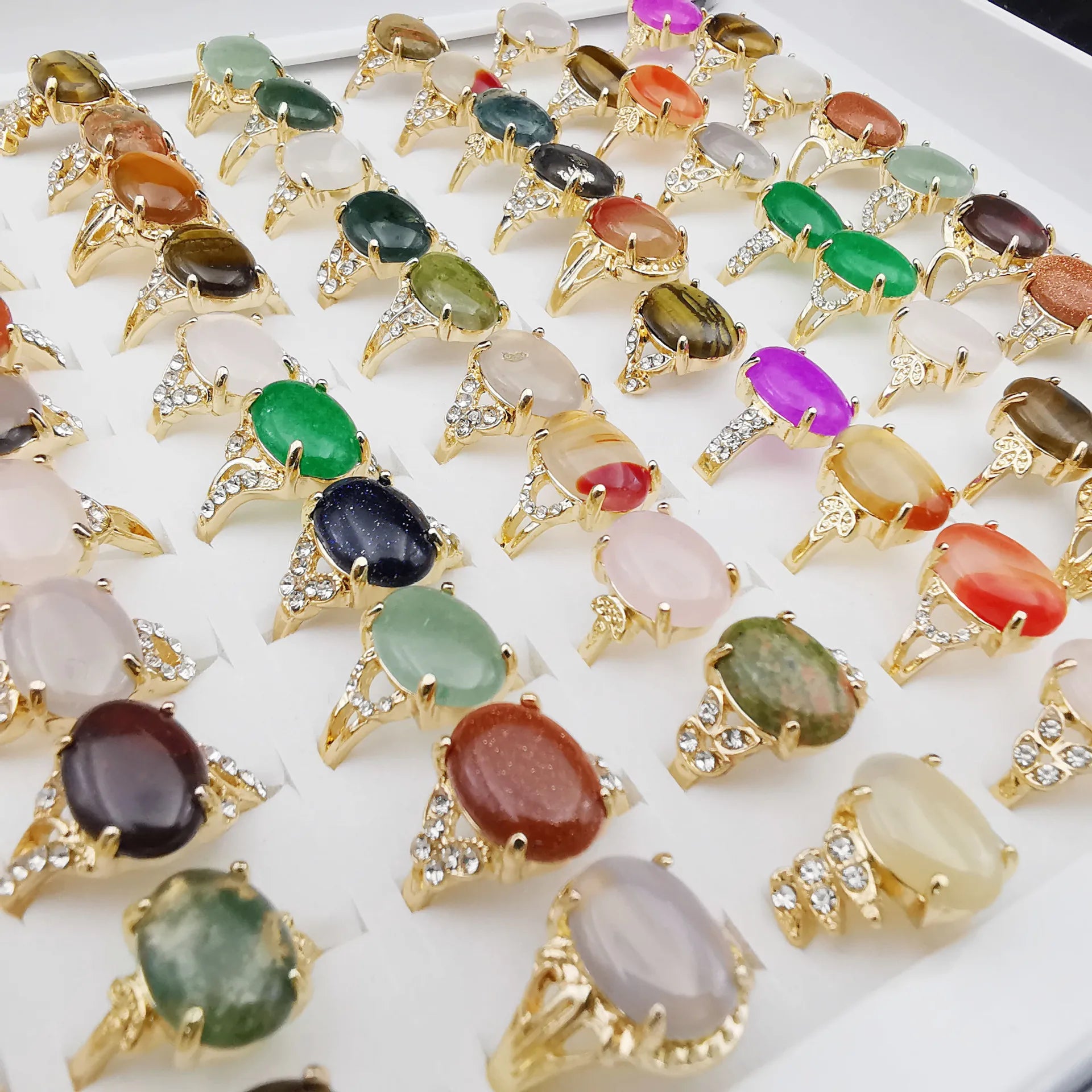 Fashion Artificial Stone Amethyst Ring Multi Kinds Agate Quartz Rose Finger Rings Women Man Vintage Jewelry Bulk