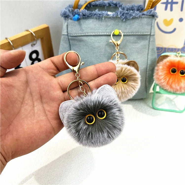 Cute Blush Cat Ball Plush Keychain Stainless Steel Durable Shy Kitty Cartoon Pendant Key Ring Promotion Gift Accessories