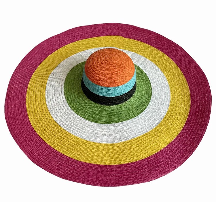 Rainbow Stripe 70CM Wide-brimmed Straw Hat Summer UV Protection Sunscreen Beach Straw Hat