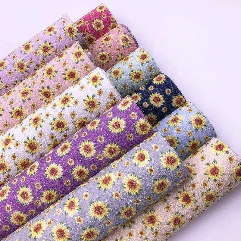 Eco-Friendly Organic Sunflowers Embossed Chunky Glitter Leather Fabric for Shoe Bag Bows Decorative Accessories WovenBacking MegaBDM